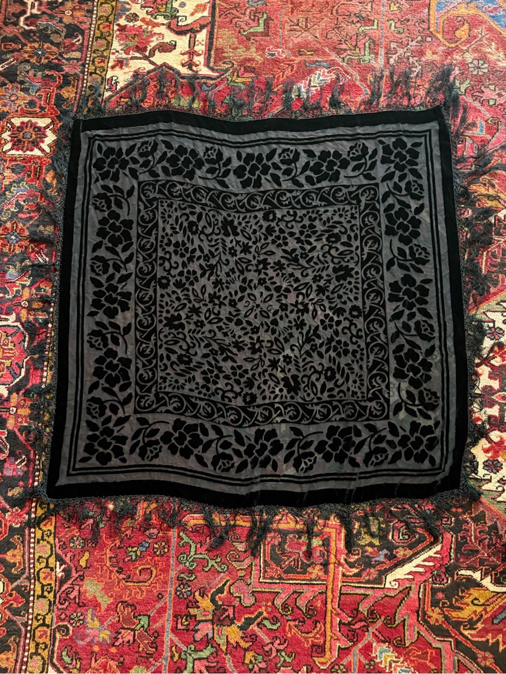 VTG Haight-Ashbury circuit 1970s silk velvet, floral fringe shawl, throw scarf